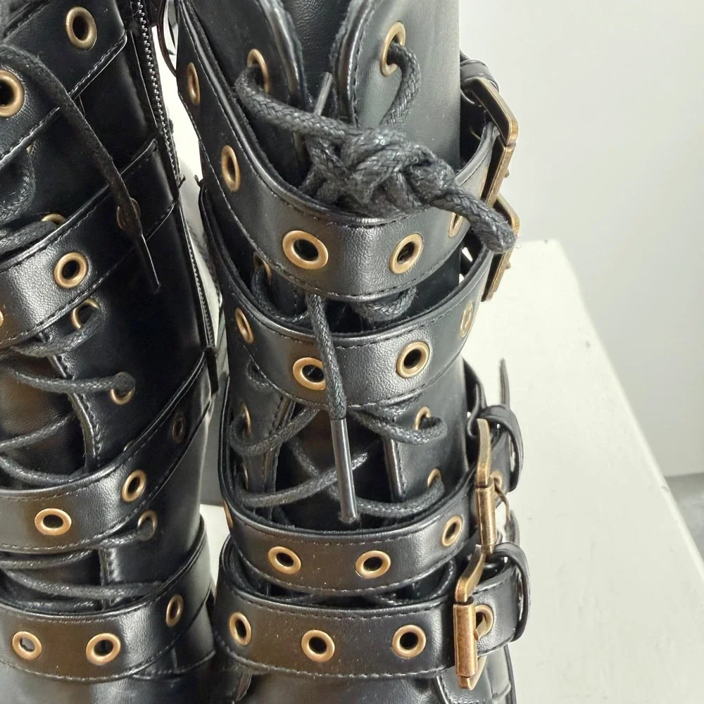Womens Size 6 Black‎ Platform Boots Goth Punk Buckle Strap Chunky Heel